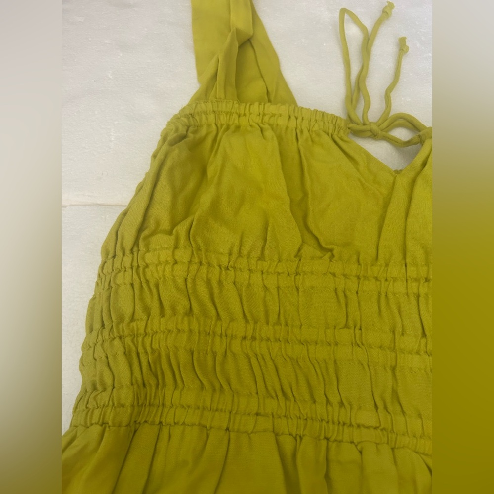 Topshop Channeled mini dress in chartreuse yellow tie front elastic waist - Picture 9 of 13